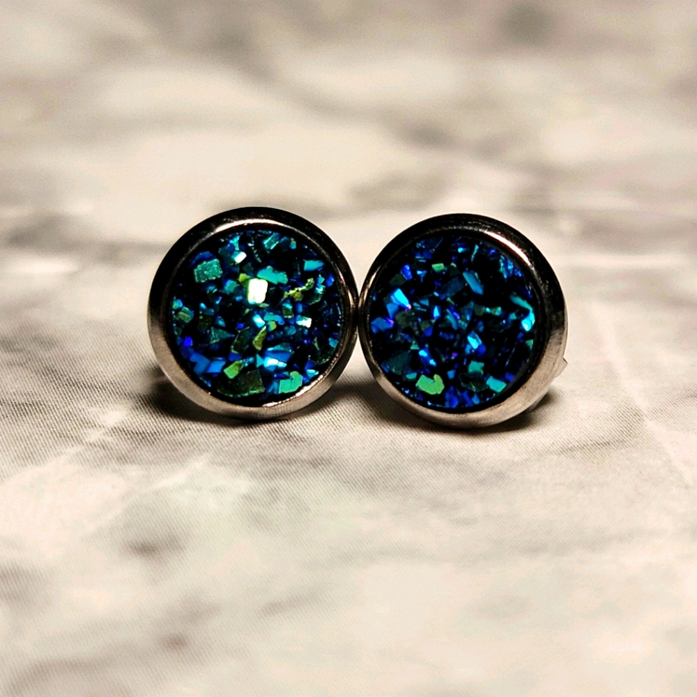 Aquamarine Druzy Stud Earrings
